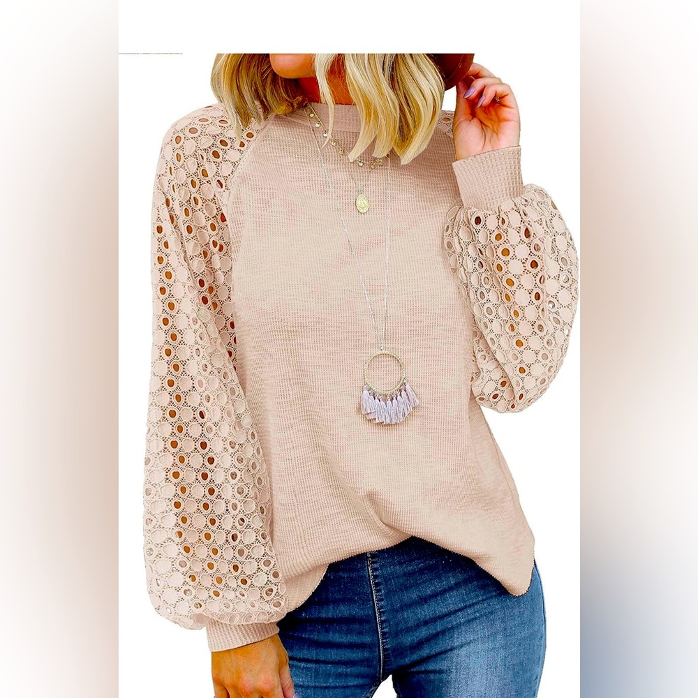 Lace-Sleeve Knit Blouse - Beige